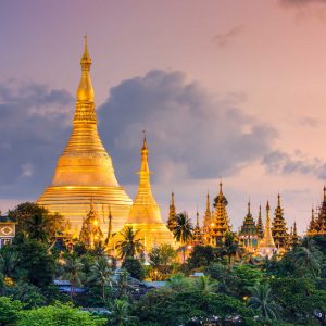 Yangon, Myanmar view of Shwedagon Pagoda at dusk.